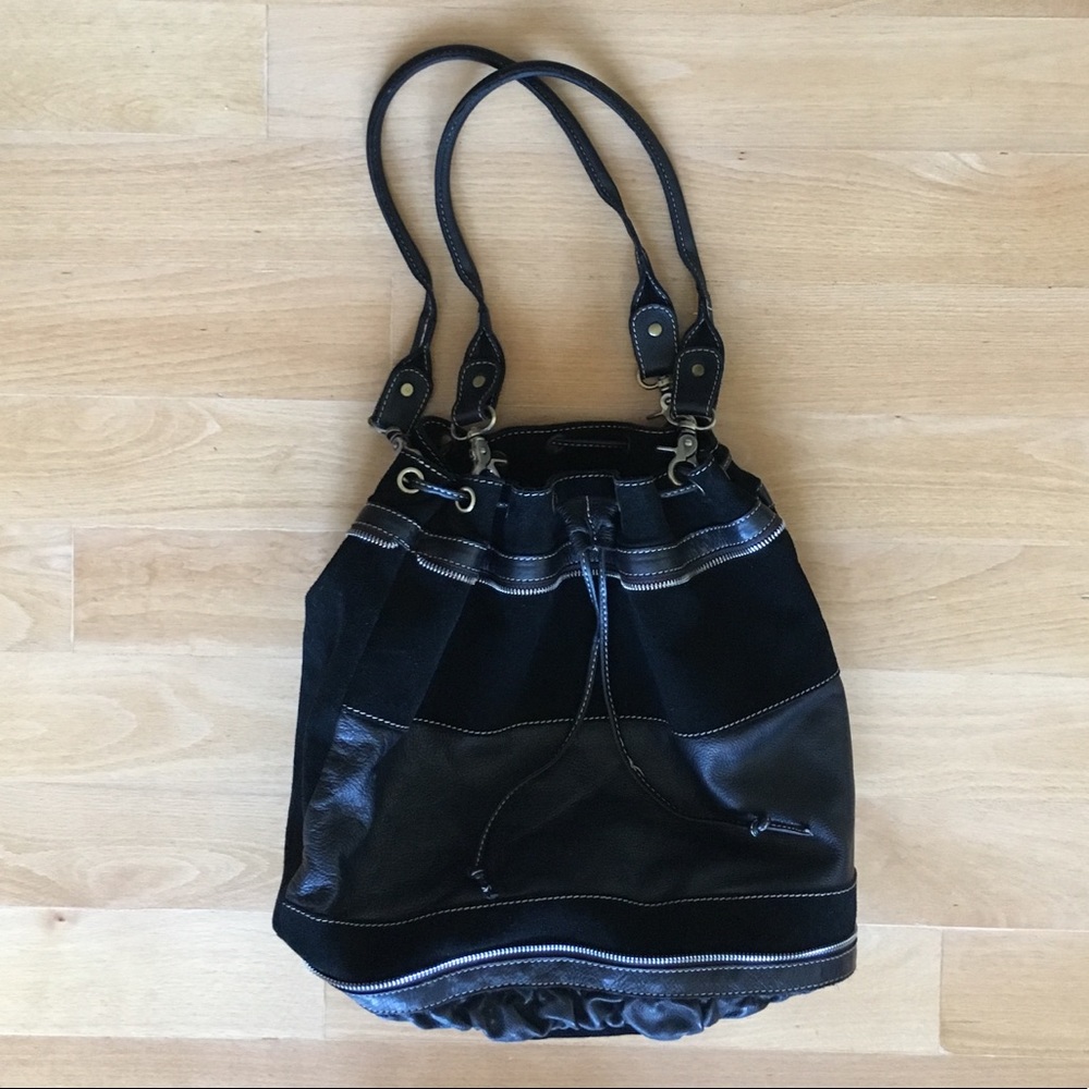 Black Leather Drawstring Shoulder Tote Bag